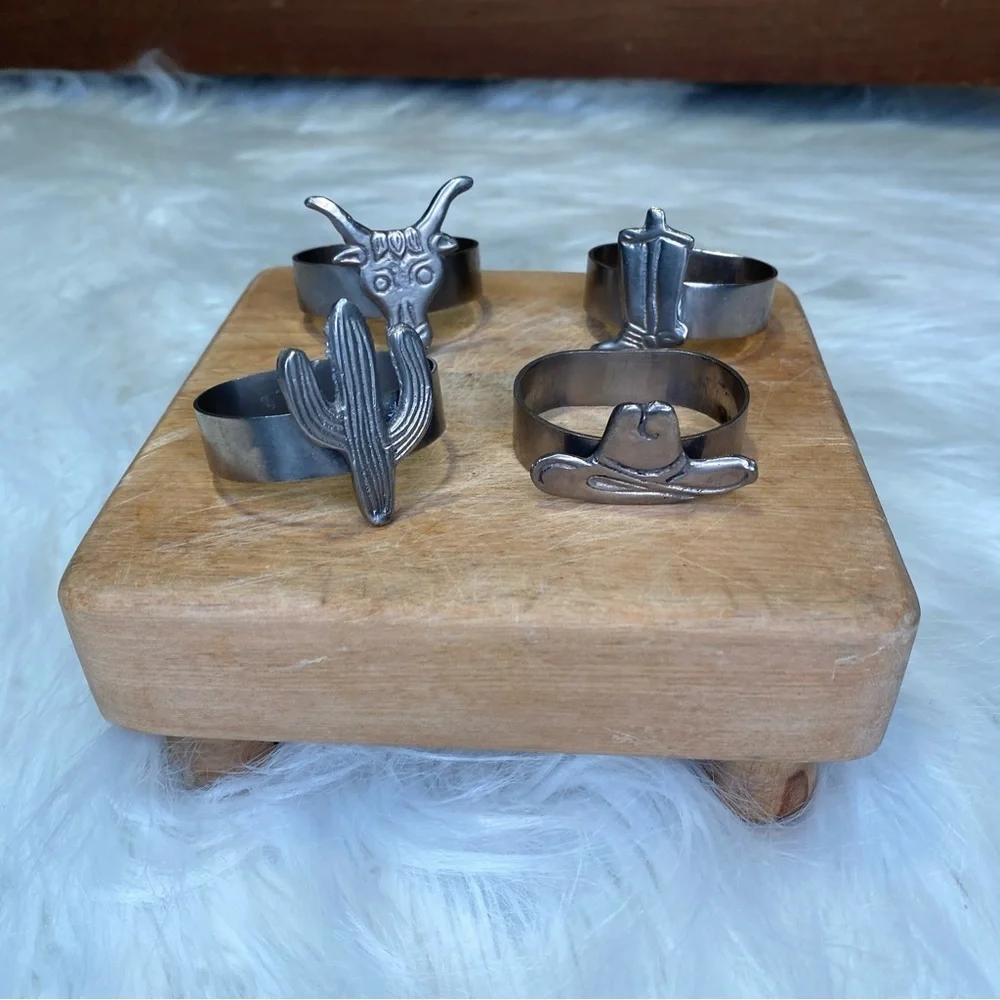 4 Silver Metal Western Cowboy Hat Desert Cactus Boots Napkin Rings